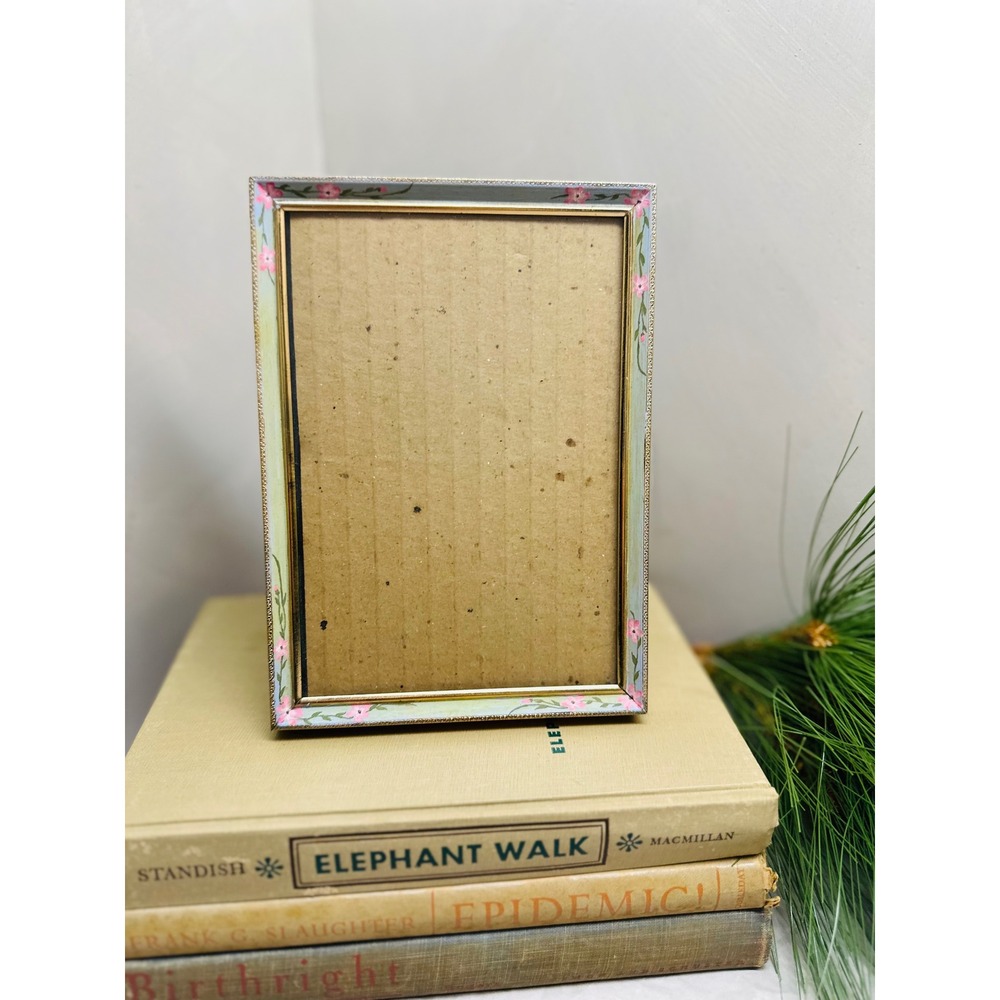Vintage Floral Hand Painted 5x7 Picture Frame Brass Trim Pink Flowers